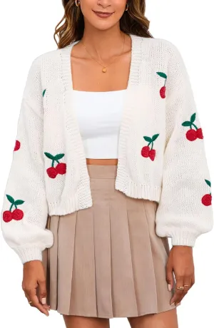 MakeMeChic Women's Cute Cropped Cable Knit Lightweight Cardigan Lantern Sleeve Open Front Cardigan Sweaters