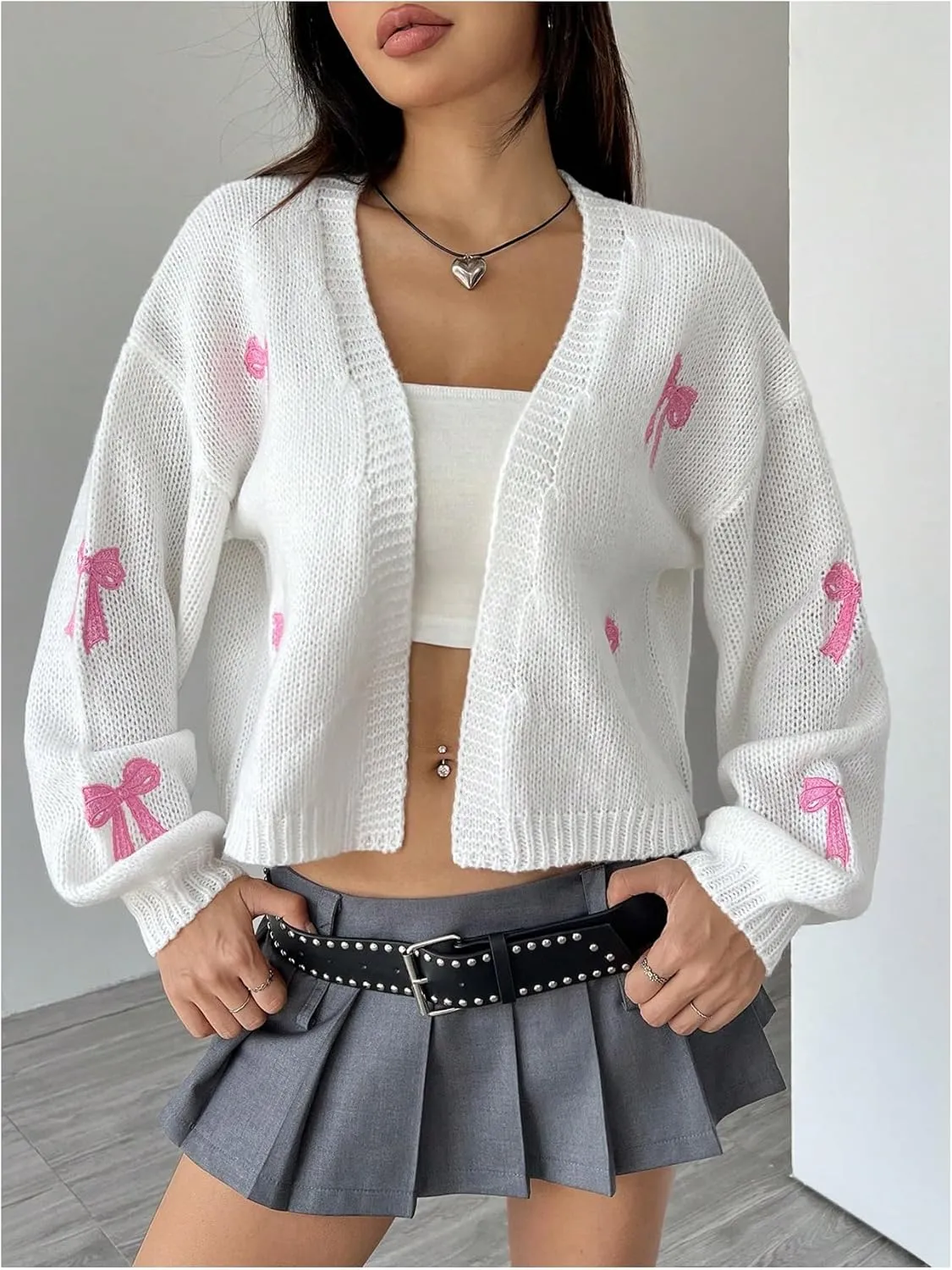 MakeMeChic Women's Cute Cropped Cable Knit Lightweight Cardigan Lantern Sleeve Open Front Cardigan Sweaters