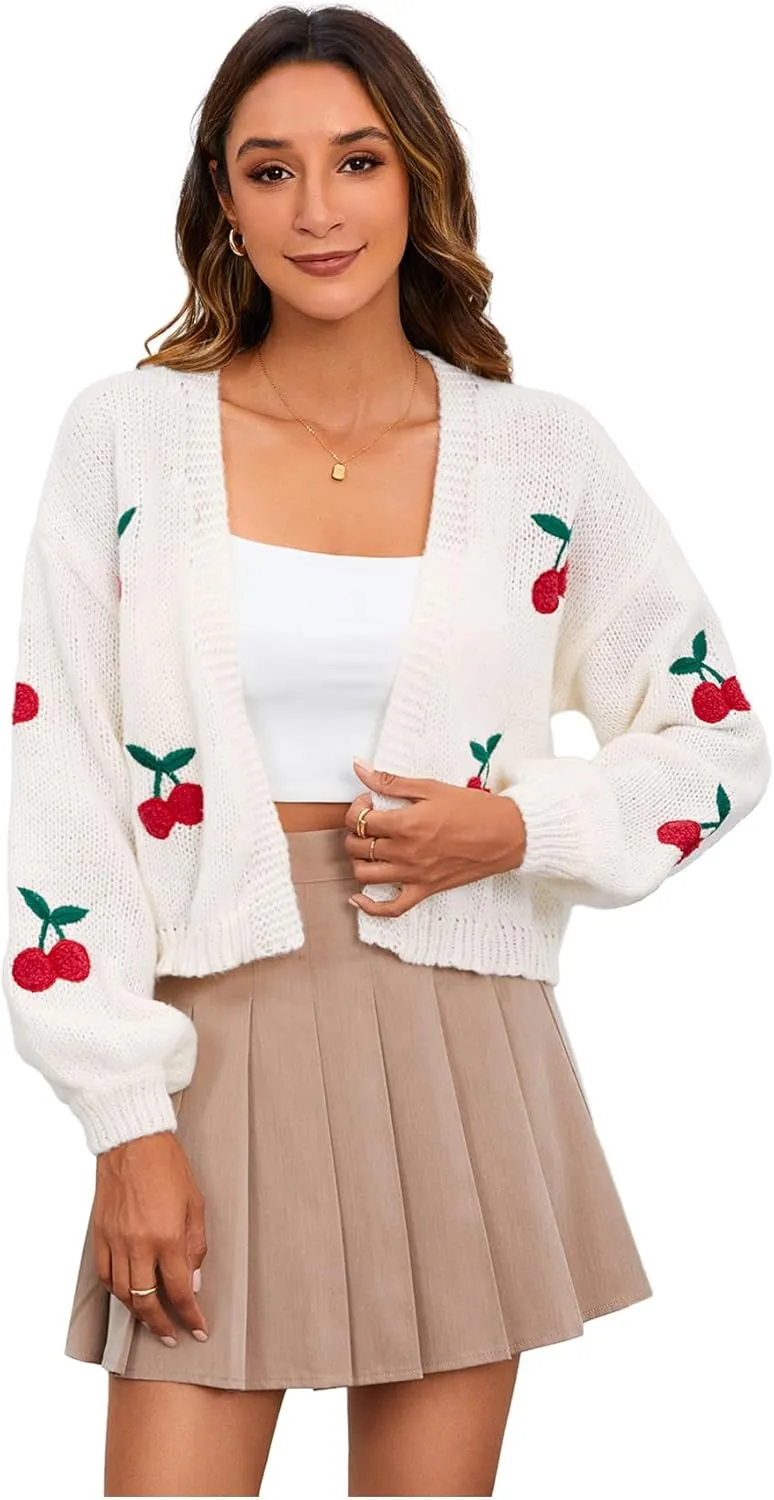 MakeMeChic Women's Cute Cropped Cable Knit Lightweight Cardigan Lantern Sleeve Open Front Cardigan Sweaters