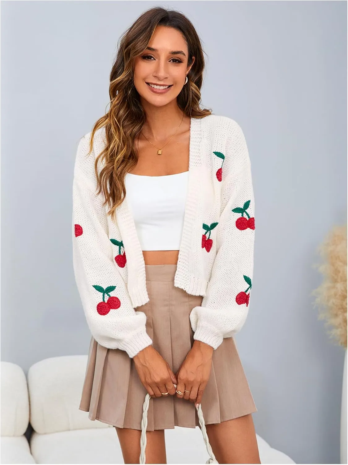 MakeMeChic Women's Cute Cropped Cable Knit Lightweight Cardigan Lantern Sleeve Open Front Cardigan Sweaters