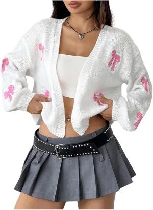 MakeMeChic Women's Cute Cropped Cable Knit Lightweight Cardigan Lantern Sleeve Open Front Cardigan Sweaters