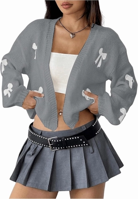 MakeMeChic Women's Cute Cropped Cable Knit Lightweight Cardigan Lantern Sleeve Open Front Cardigan Sweaters