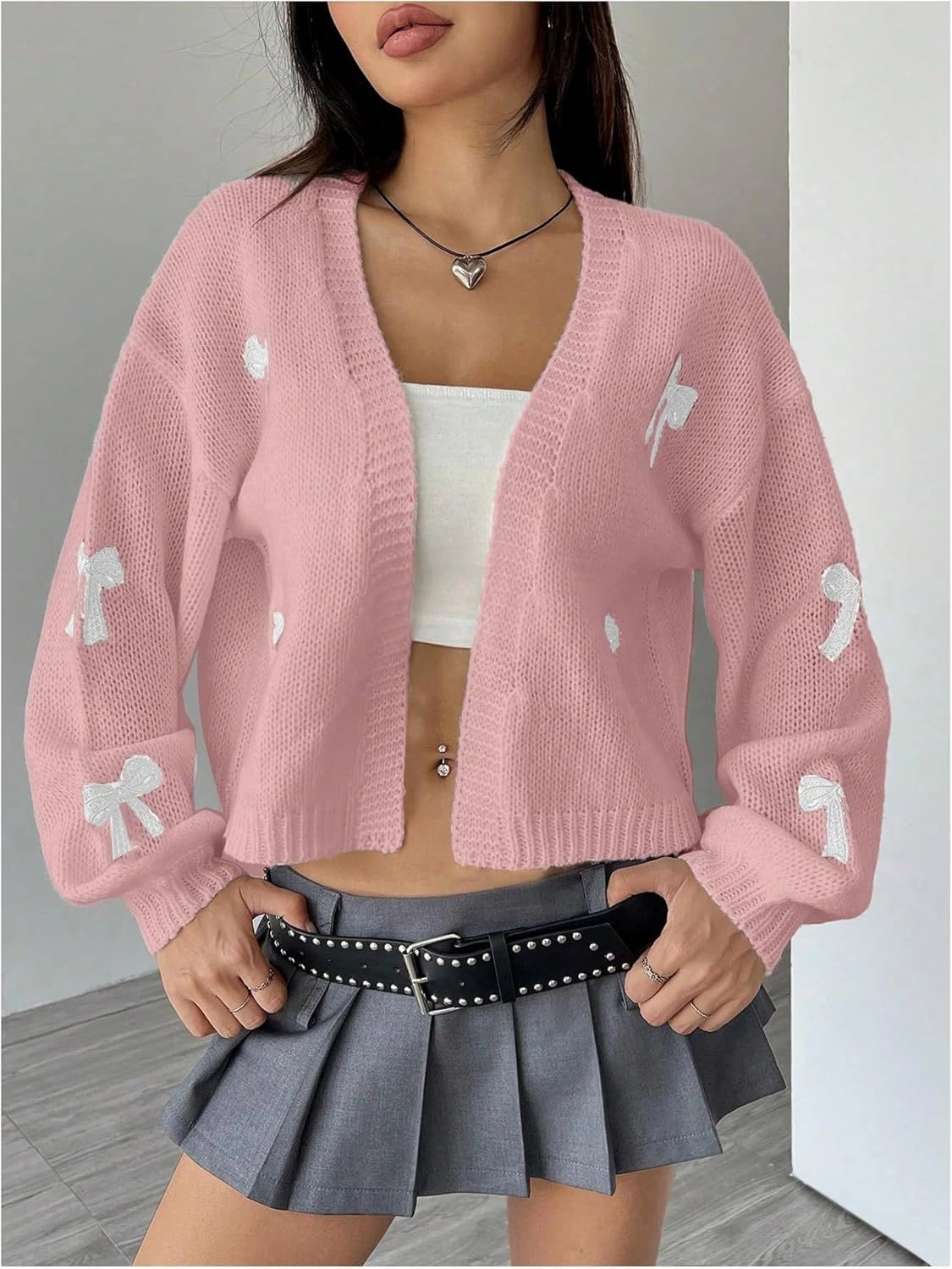 MakeMeChic Women's Cute Cropped Cable Knit Lightweight Cardigan Lantern Sleeve Open Front Cardigan Sweaters