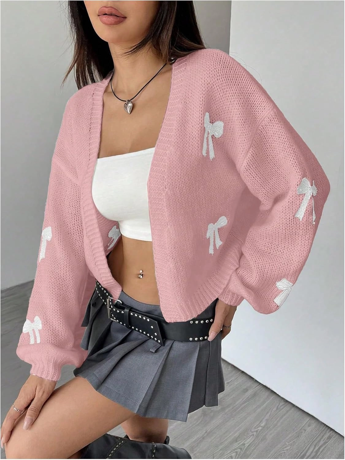 MakeMeChic Women's Cute Cropped Cable Knit Lightweight Cardigan Lantern Sleeve Open Front Cardigan Sweaters
