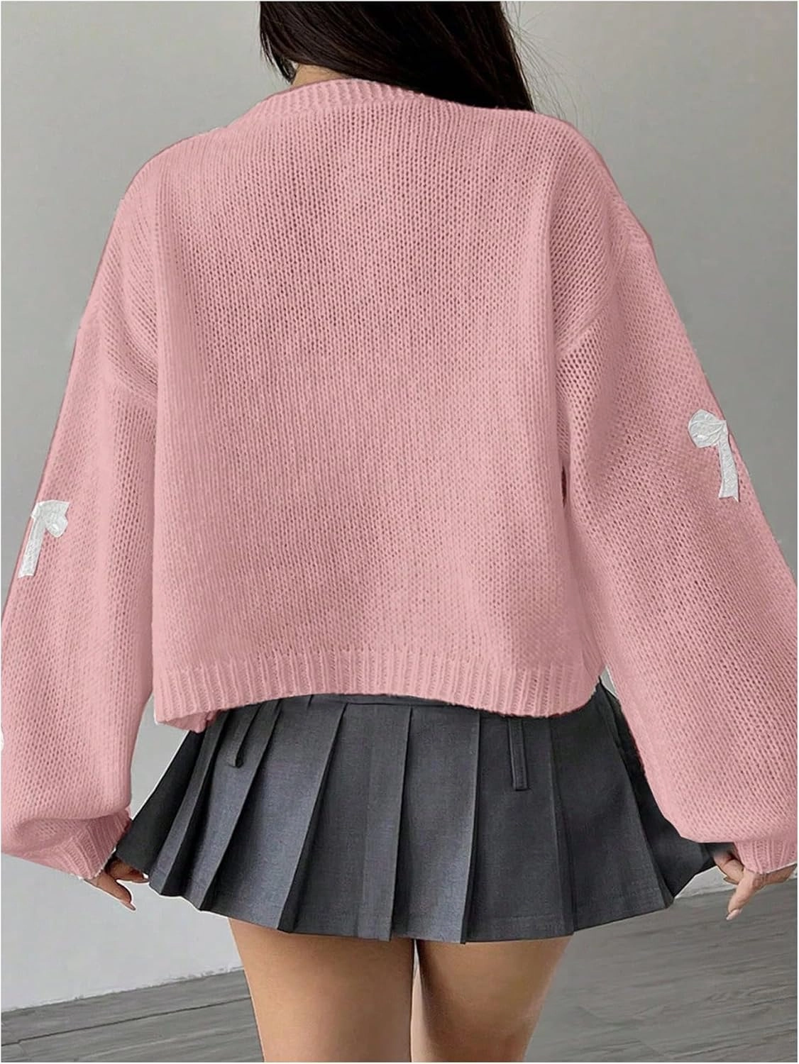 MakeMeChic Women's Cute Cropped Cable Knit Lightweight Cardigan Lantern Sleeve Open Front Cardigan Sweaters