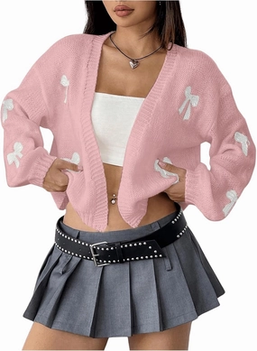 MakeMeChic Women's Cute Cropped Cable Knit Lightweight Cardigan Lantern Sleeve Open Front Cardigan Sweaters
