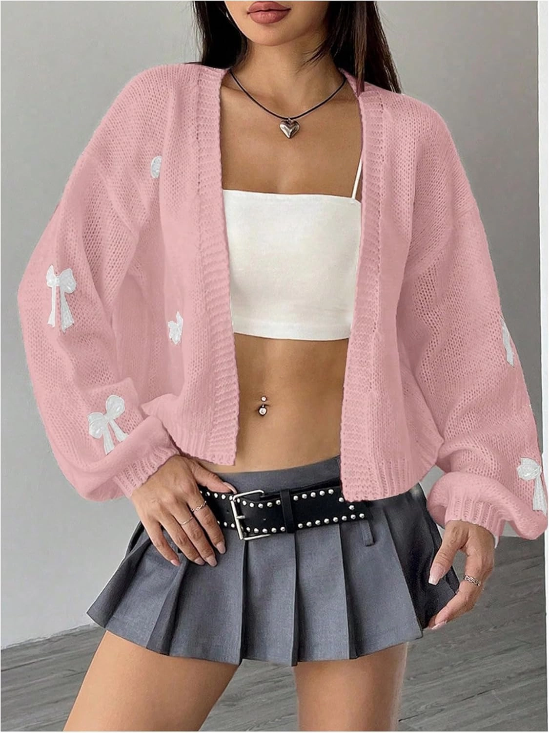 MakeMeChic Women's Cute Cropped Cable Knit Lightweight Cardigan Lantern Sleeve Open Front Cardigan Sweaters