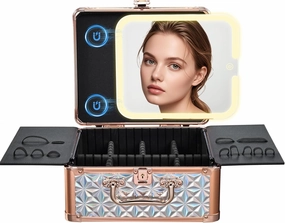 Makeup Train Case with Magnetic LED Mirror Makeup Organizer Box Travel Cosmetic Case with 3 Colors LED Mirror Portable Vanity Make up Suitcase with Lockable Keys Dividers Brush Holder, Silver