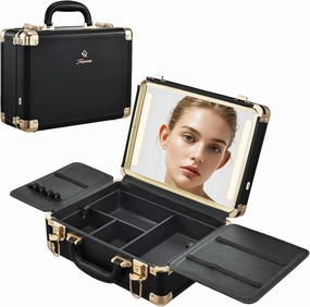 Makeup Train Cases with Light Up Mirror 3 Color Setting, Lighted Makeup Case Organizer with Detachable Tray, Travel Makeup Box with Light for Make up Tools Storage (Black Moutain Shadow)