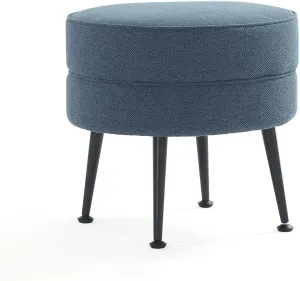 Manhattan Comfort Bailey Mid-Century Modern Round Ottoman - Durable Woven Polyester Blend Upholstery, Stylish Black Stainless Steel Legs - Easy Assembly, Perfect for Living Room, Blue with Black Feet