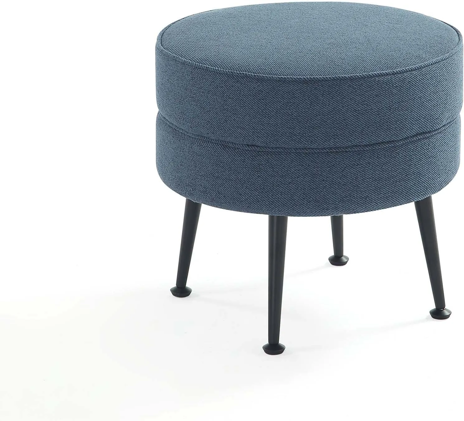 Manhattan Comfort Bailey Mid-Century Modern Round Ottoman - Durable Woven Polyester Blend Upholstery, Stylish Black Stainless Steel Legs - Easy Assembly, Perfect for Living Room, Blue with Black Feet