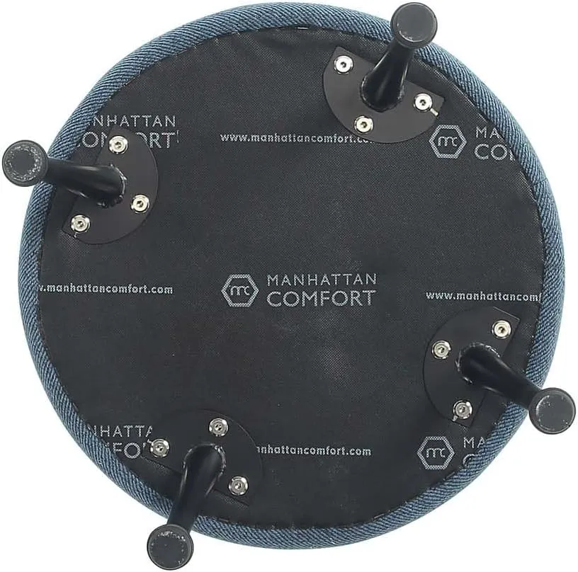 Manhattan Comfort Bailey Mid-Century Modern Round Ottoman - Durable Woven Polyester Blend Upholstery, Stylish Black Stainless Steel Legs - Easy Assembly, Perfect for Living Room, Blue with Black Feet