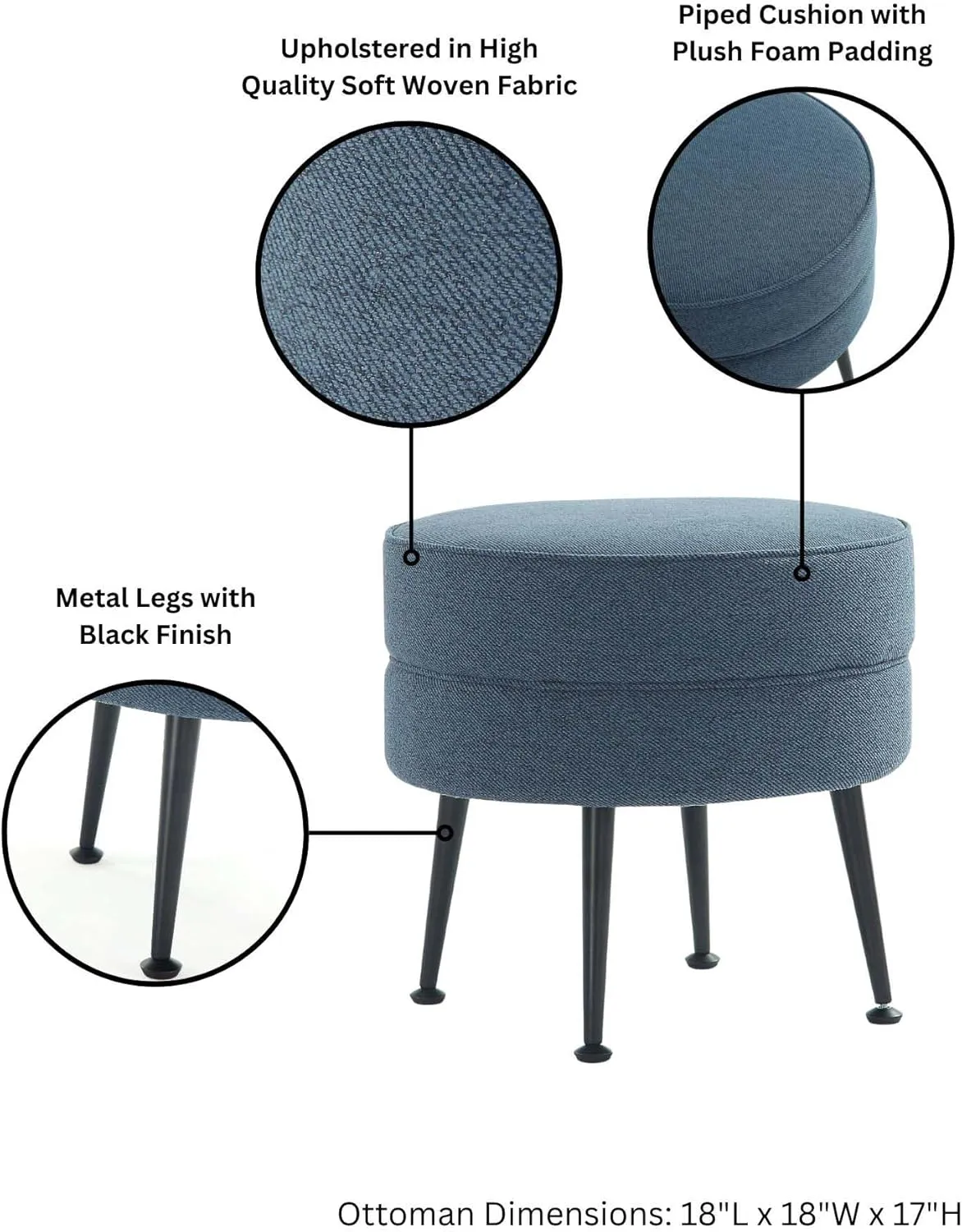 Manhattan Comfort Bailey Mid-Century Modern Round Ottoman - Durable Woven Polyester Blend Upholstery, Stylish Black Stainless Steel Legs - Easy Assembly, Perfect for Living Room, Blue with Black Feet