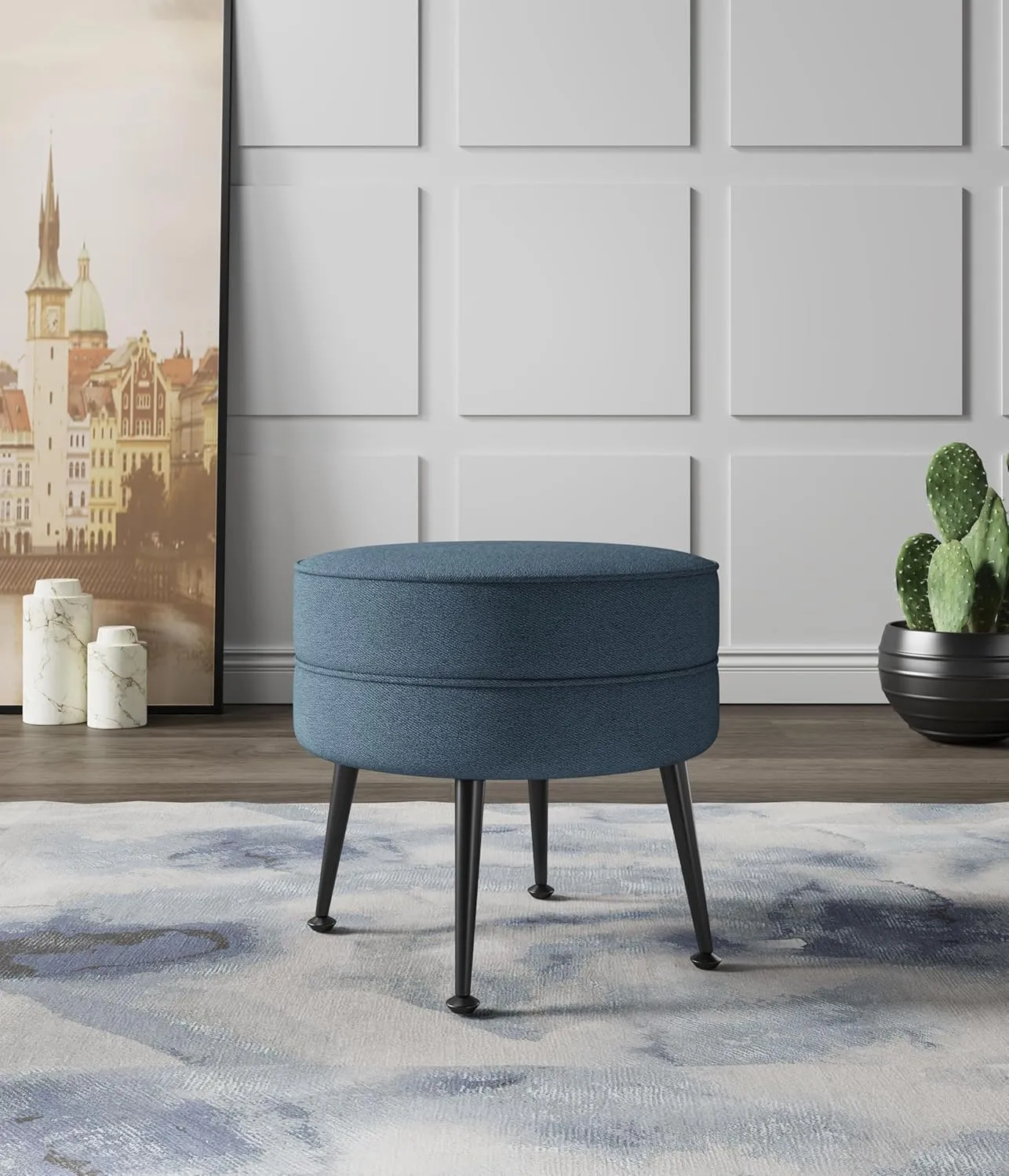 Manhattan Comfort Bailey Mid-Century Modern Round Ottoman - Durable Woven Polyester Blend Upholstery, Stylish Black Stainless Steel Legs - Easy Assembly, Perfect for Living Room, Blue with Black Feet