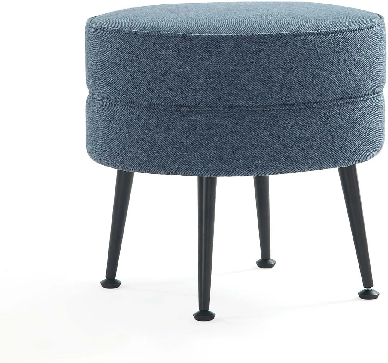 Manhattan Comfort Bailey Mid-Century Modern Round Ottoman - Durable Woven Polyester Blend Upholstery, Stylish Black Stainless Steel Legs - Easy Assembly, Perfect for Living Room, Blue with Black Feet