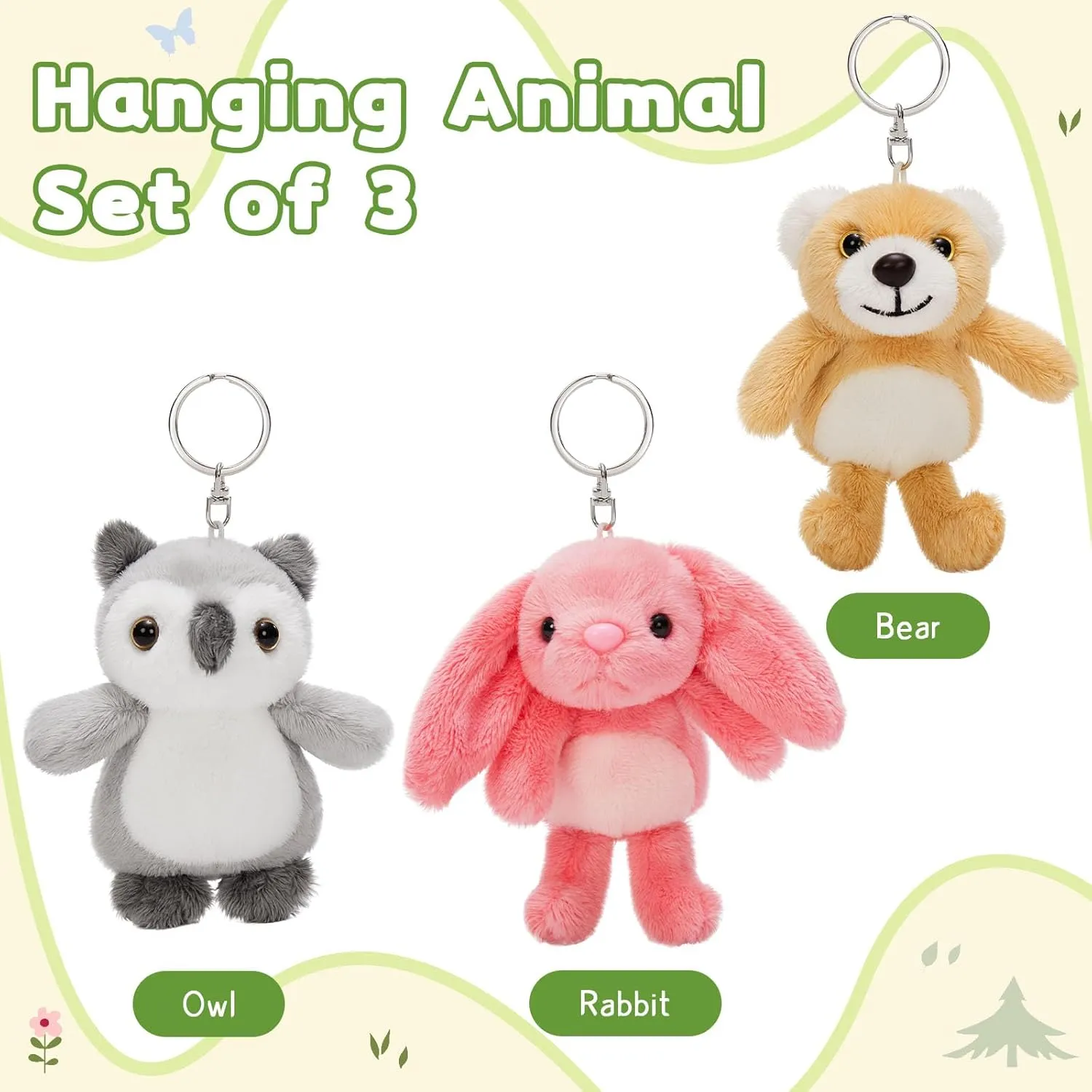 MaoGoLan 3Pcs Stuffed Animals Keychain Toys,Small Owl,Bunny,Bear Bulk Forest Plush Keyring Pendants for Backpack,Purse,Handbag,Goody Bag Ornament for Goody Bag