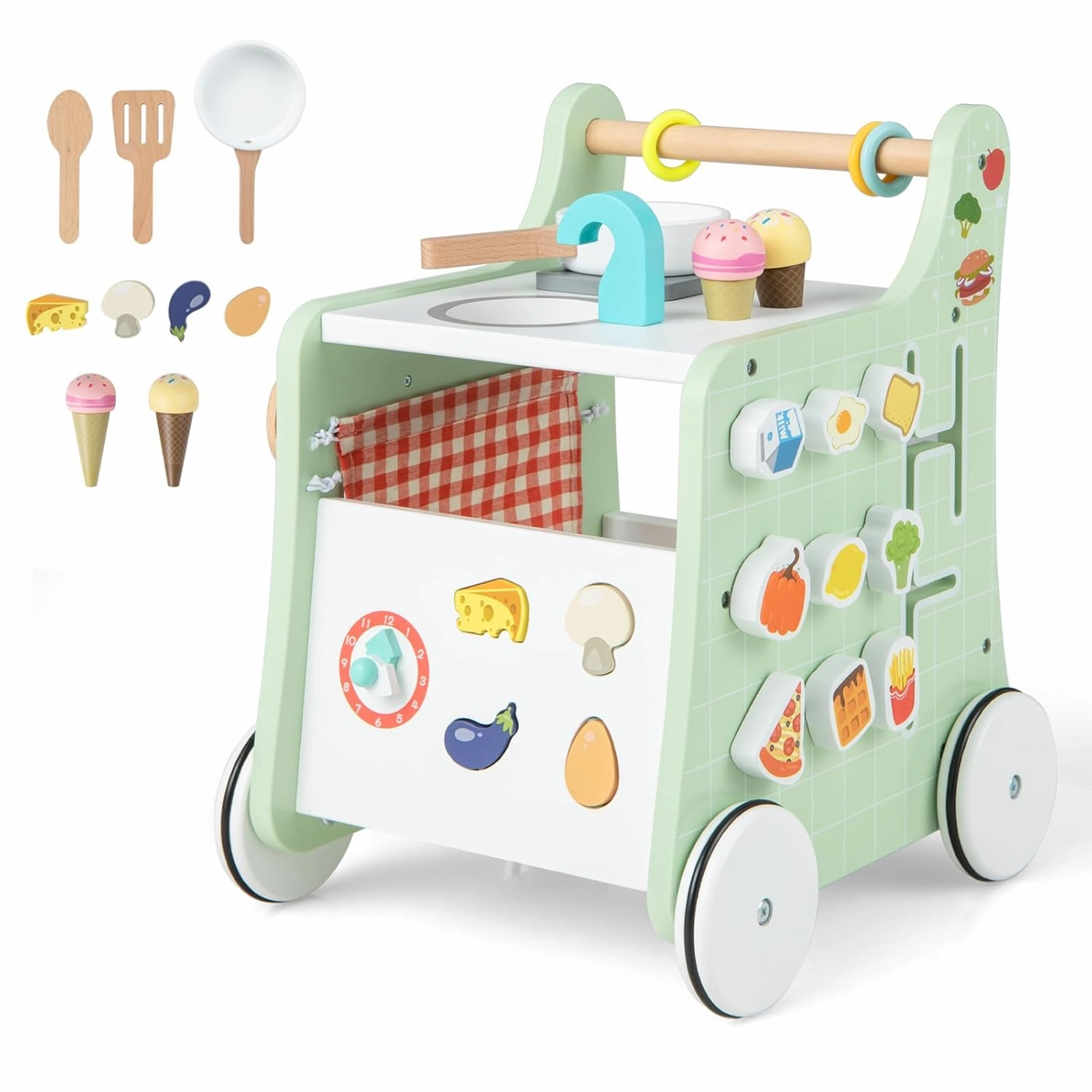 MAT EXPERT Baby Push Walker, Wooden Stroller Play Kitchen Toy w/Busy Board & Shape Sorter, Infant Pushing Cart Sit-to-Stand Learning Walker, Educational Toddlers Activity Center for Boys & Girls