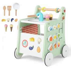MAT EXPERT Baby Push Walker, Wooden Stroller Play Kitchen Toy w/Busy Board & Shape Sorter, Infant Pushing Cart Sit-to-Stand Learning Walker, Educational Toddlers Activity Center for Boys & Girls