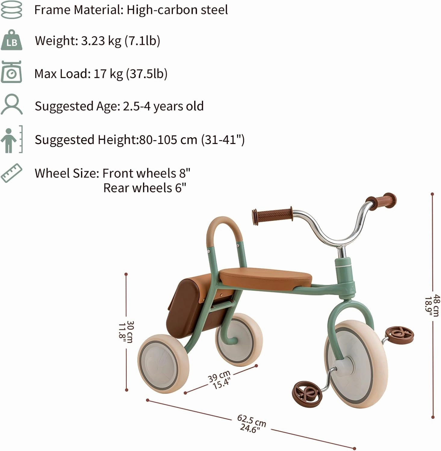 Mate Toddler Tricycle Age 2.5-4 Kids First Birthday Gift Toy Bike with Handlebar Grips & Storage for Outdoor Play (Green)