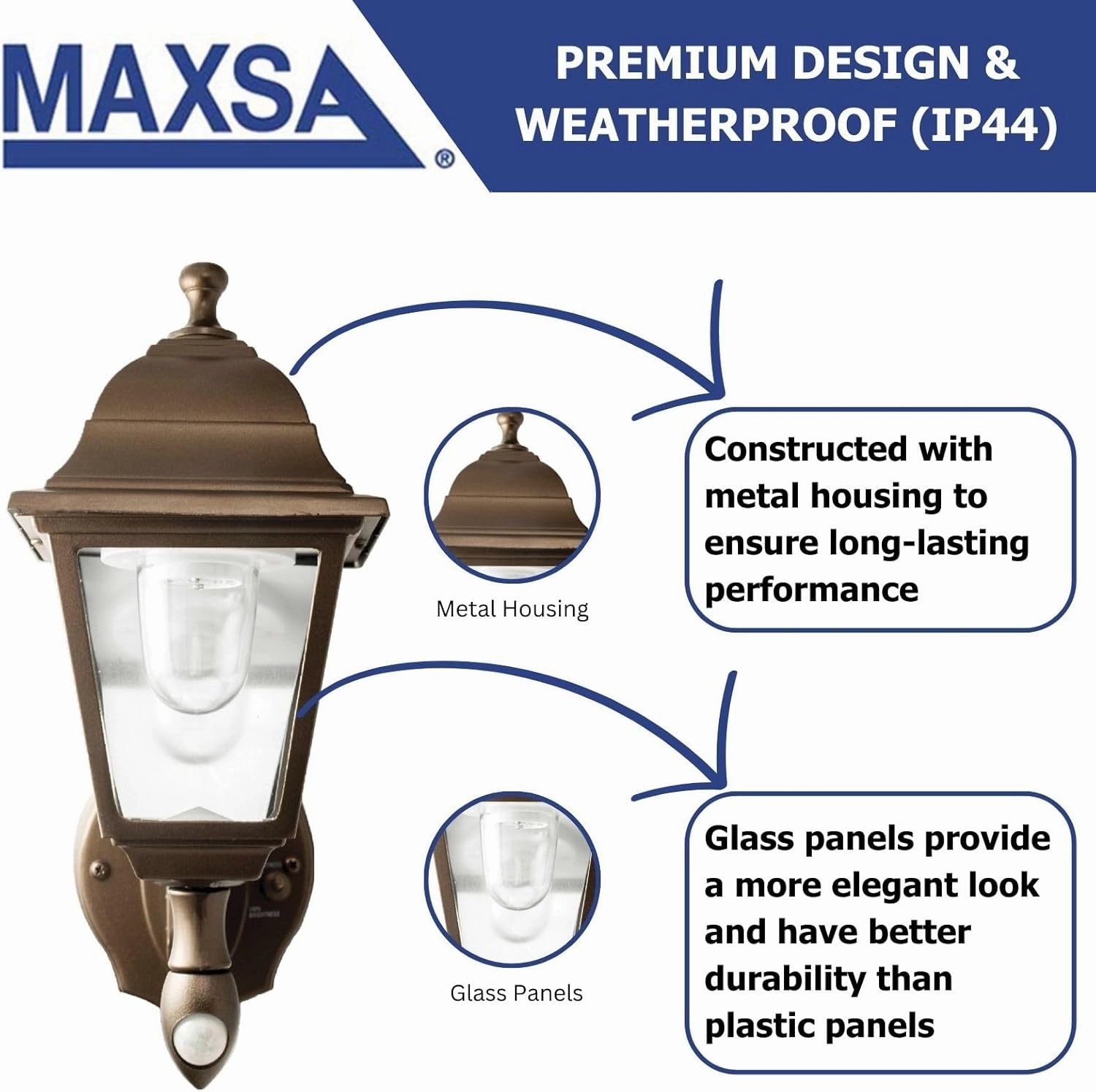 Maxsa 46219 Premium Battery-Powered Motion-Activated Decorative Outdoor Cool White LED Wall Sconce Lighting Fixture, Metal Housing, Dark Copper