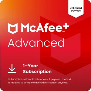 McAfee  Advanced Unlimited Devices 2025 1-Year Subscription with Auto-Renewal |Cybersecurity and Antivirus Software, Secure VPN, Identity Monitoring, Personal Data Cleanup, Scam Protection | Download