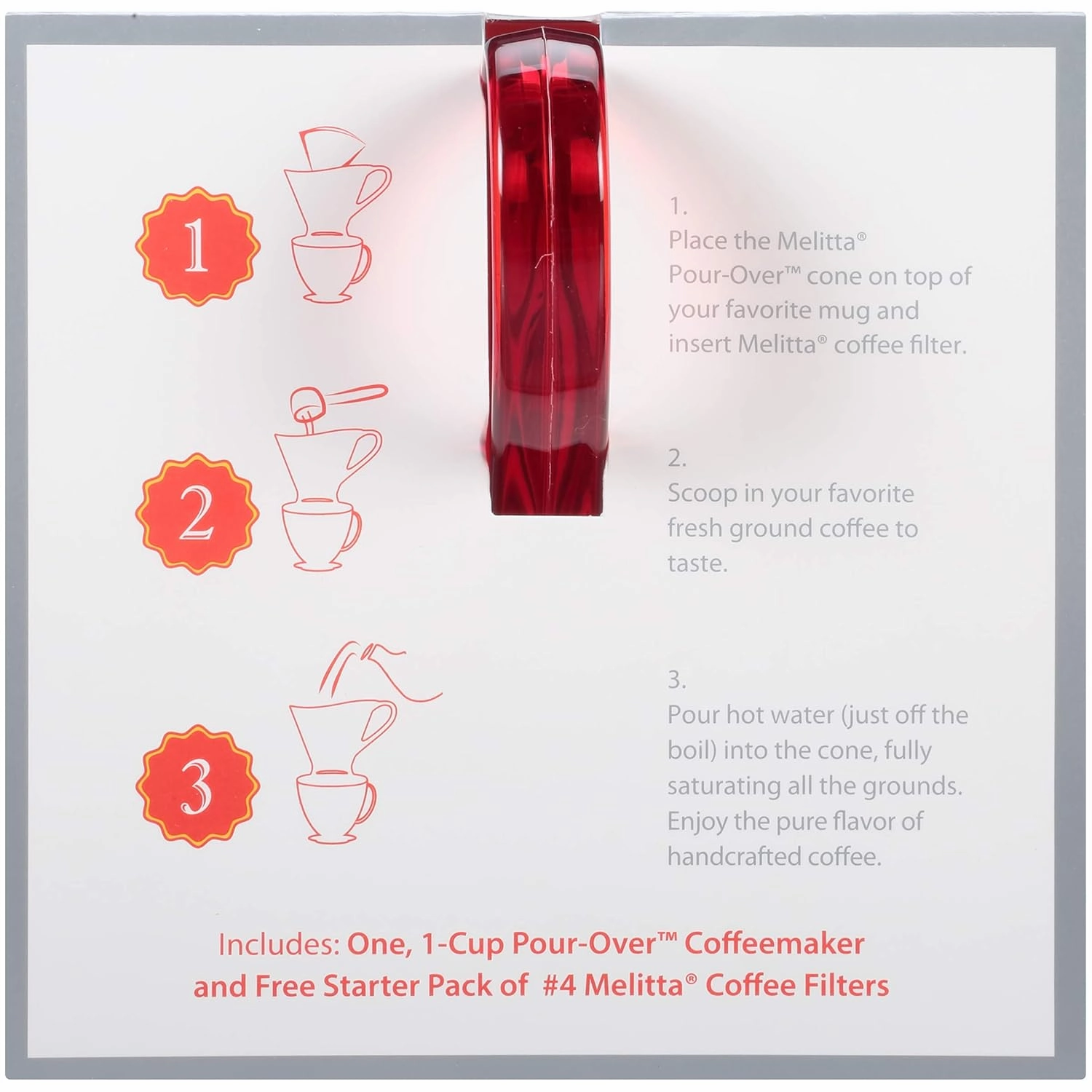 Melitta Signature Series 1 Cup Pour-Over Coffee Brewer, Tritan Red