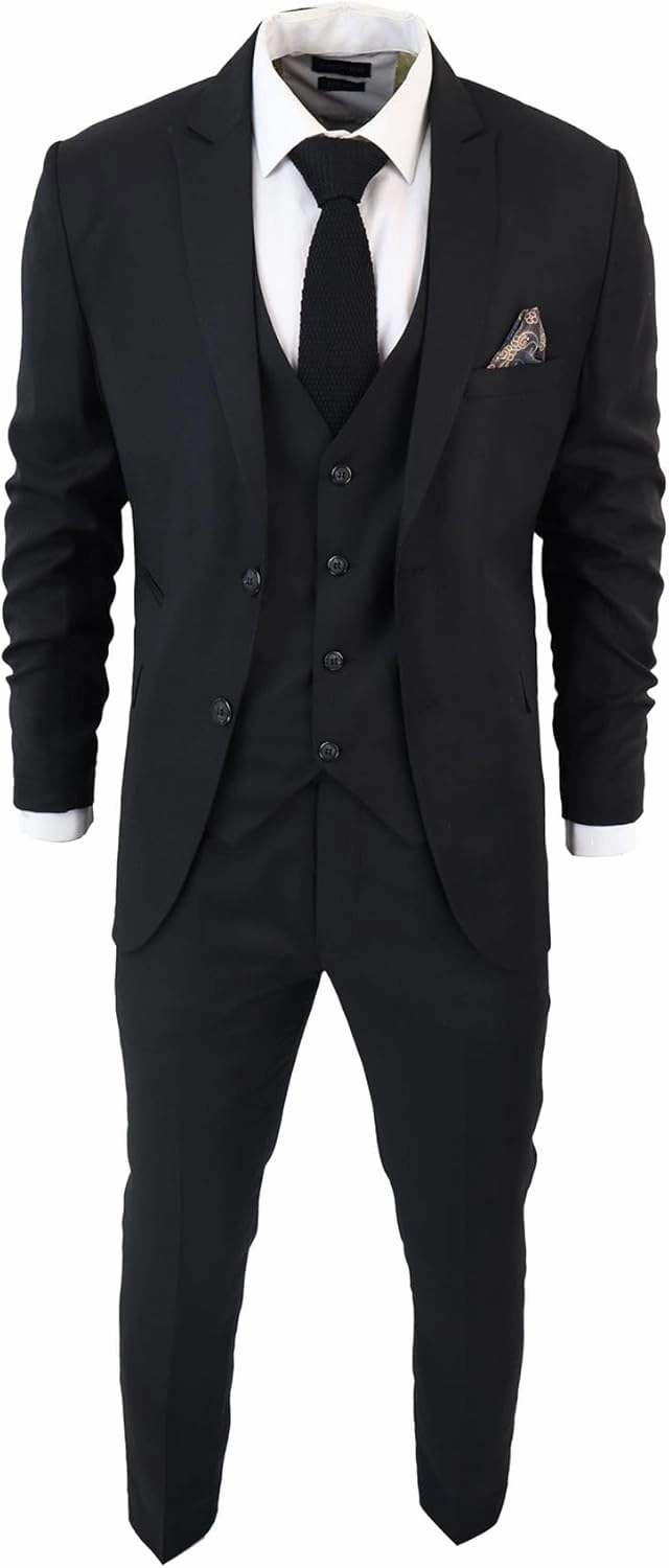 Men's Classic Black Suit 3 Piece Tailored Fit Vintage Office Funeral Security Waiter Wedding
