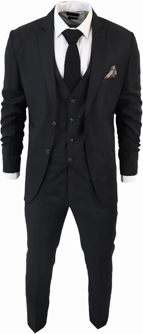 Men's Classic Black Suit 3 Piece Tailored Fit Vintage Office Funeral Security Waiter Wedding