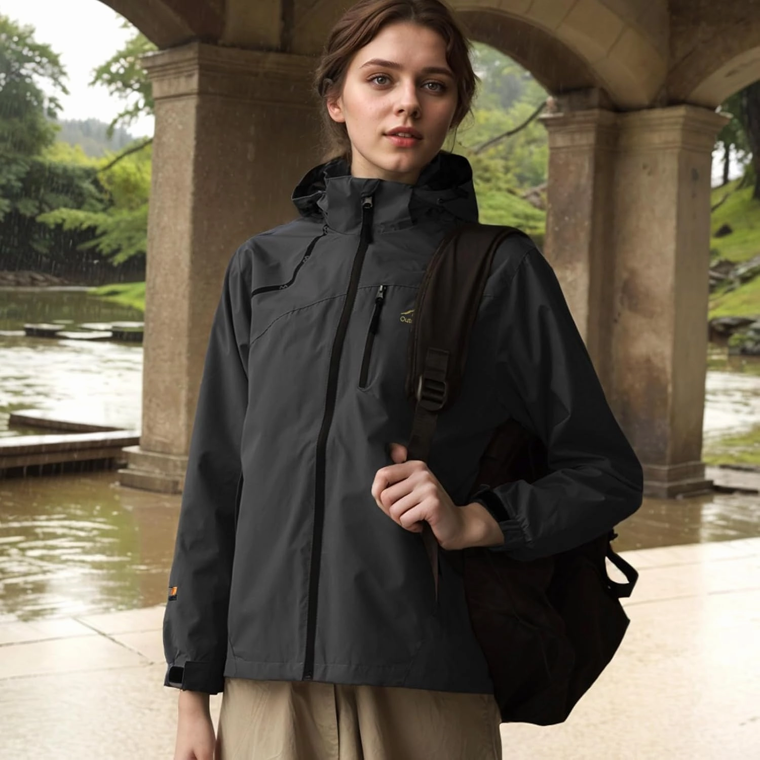 Men's Women's Waterproof Lightweight Rain Jacket Removable Hooded Windbreaker Raincoat Outdoor Windproof Casual