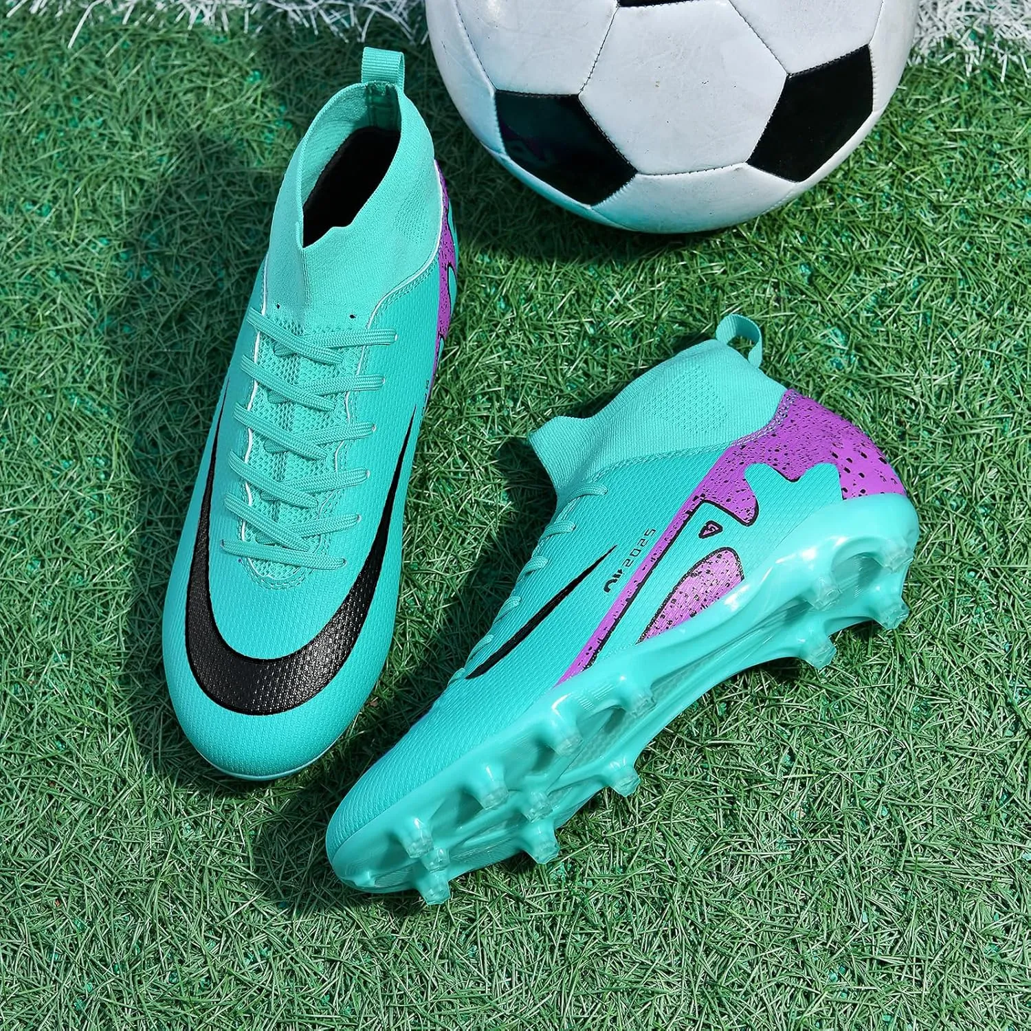 Mens High-Top Soccer Cleats Womens Turf Football Shoes Boys Girls Lightweight Youth Professional Indoor Outdoor AG Black Purple Pink