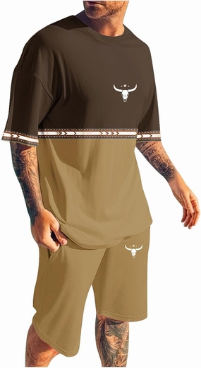 Mens 2 Piece Outfits Western Graphic Short Sleeve Colorblock T-Shirt Crewneck and Elastic Waist Shorts Set Classic 2025