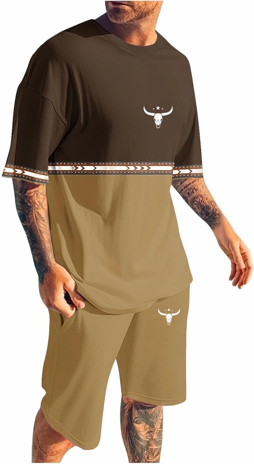 Mens 2 Piece Outfits Western Graphic Short Sleeve Colorblock T-Shirt Crewneck and Elastic Waist Shorts Set Classic 2025