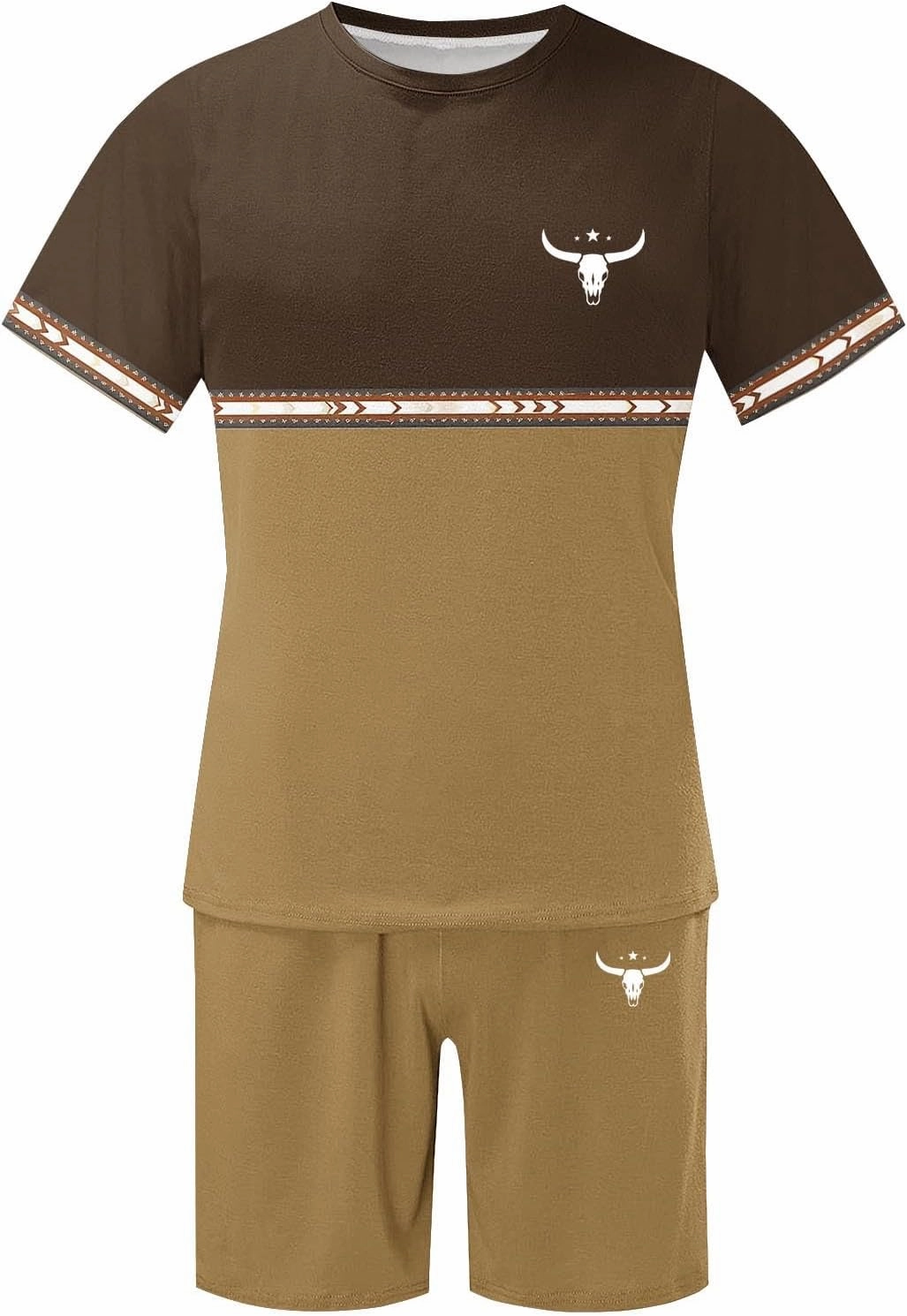 Mens 2 Piece Outfits Western Graphic Short Sleeve Colorblock T-Shirt Crewneck and Elastic Waist Shorts Set Classic 2025
