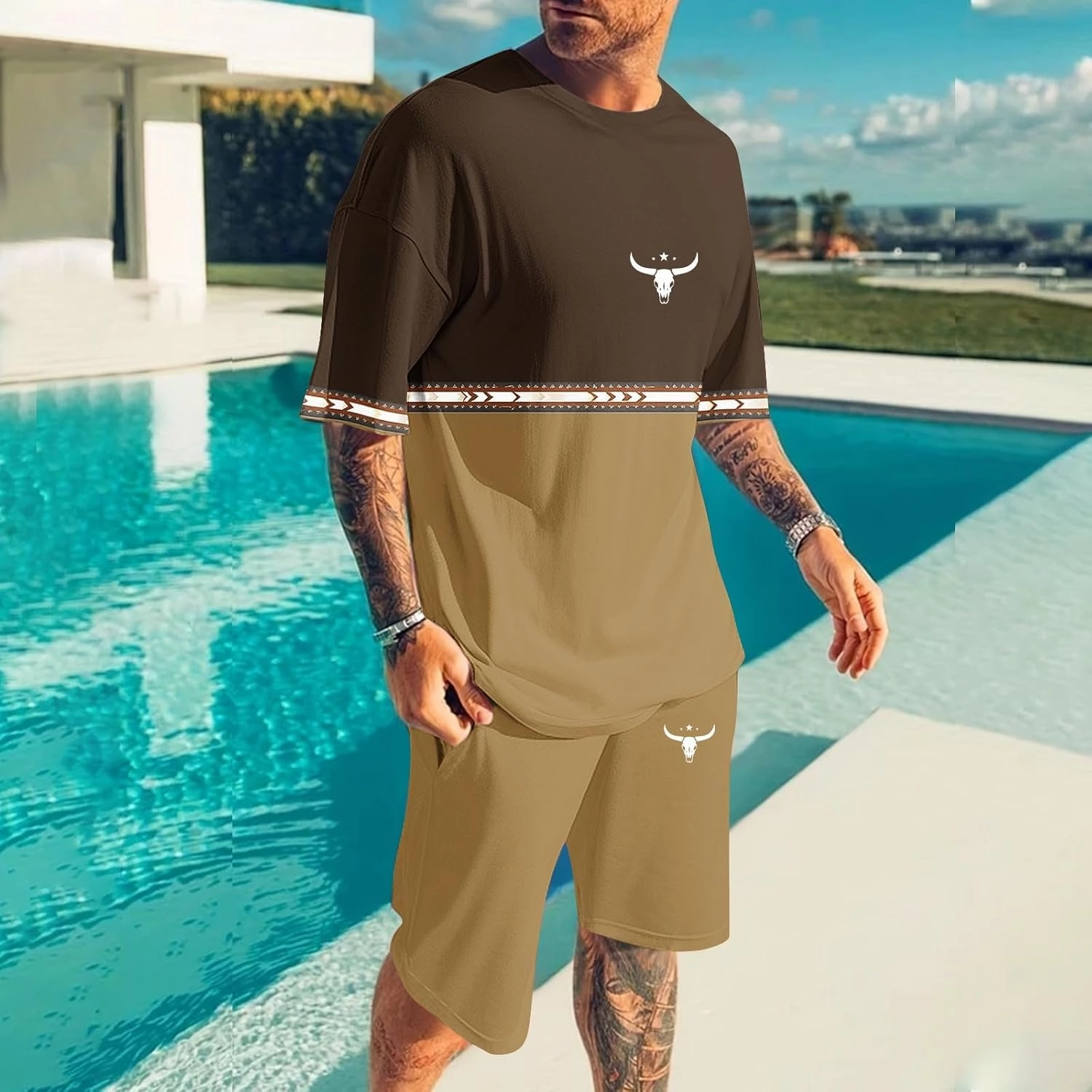 Mens 2 Piece Outfits Western Graphic Short Sleeve Colorblock T-Shirt Crewneck and Elastic Waist Shorts Set Classic 2025
