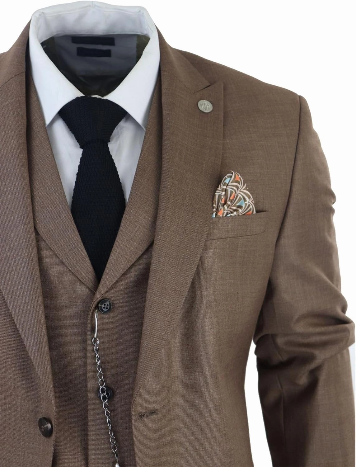 Mens Classic 3 Piece Suit Brown Pocket Chain Wedding Tailored Fit Vintage Formal