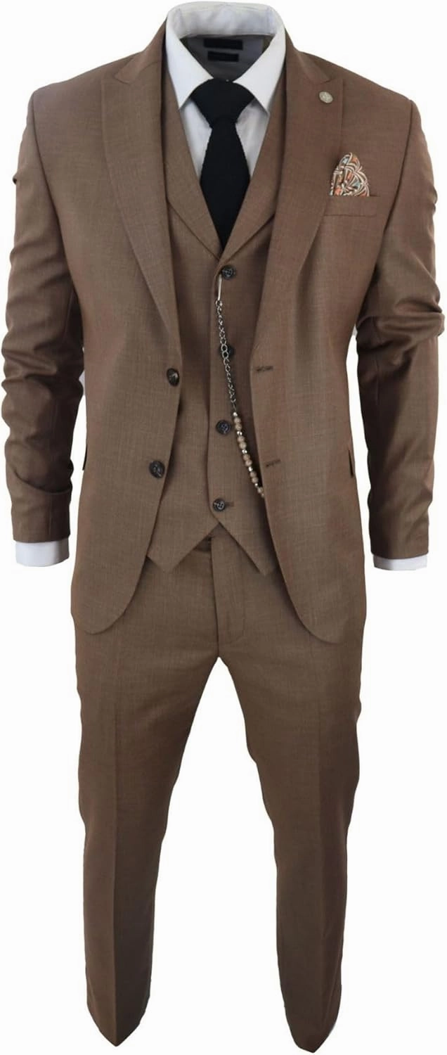 Mens Classic 3 Piece Suit Brown Pocket Chain Wedding Tailored Fit Vintage Formal