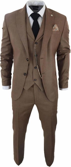 Mens Classic 3 Piece Suit Brown Pocket Chain Wedding Tailored Fit Vintage Formal