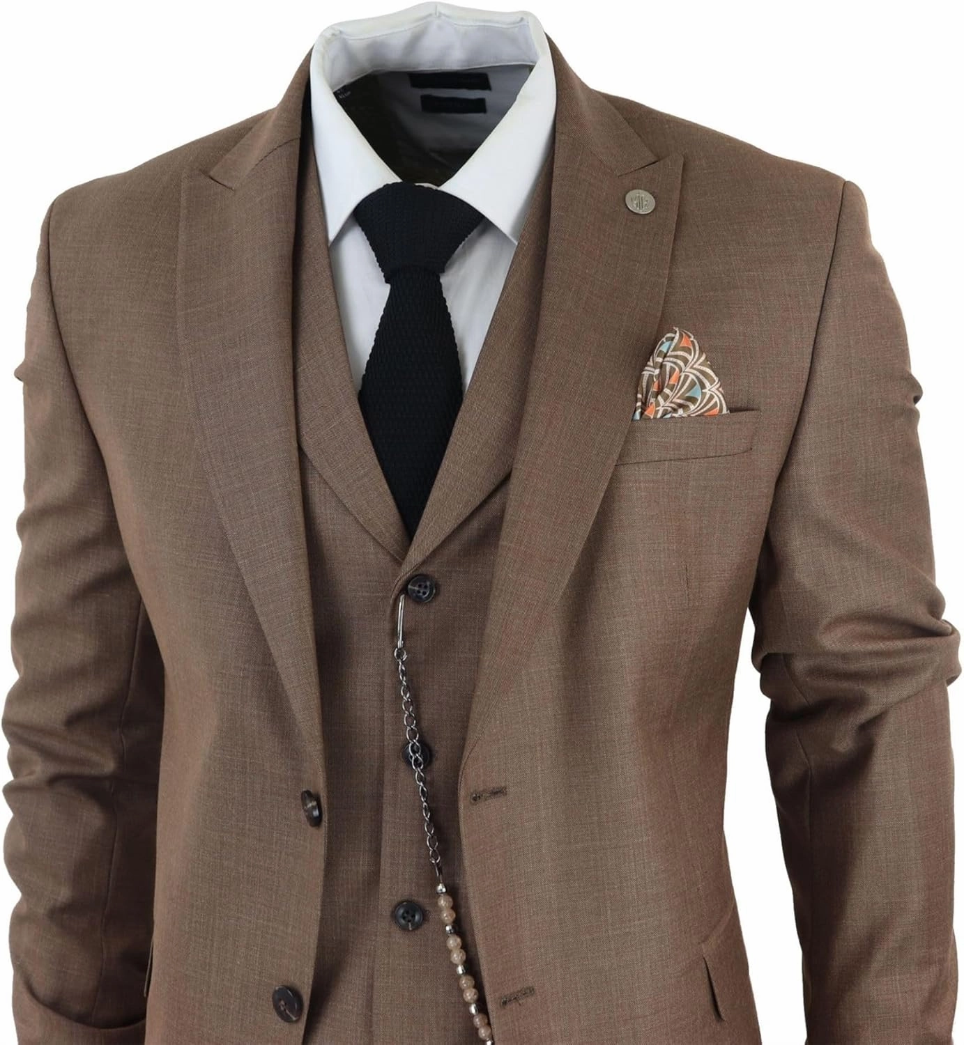 Mens Classic 3 Piece Suit Brown Pocket Chain Wedding Tailored Fit Vintage Formal