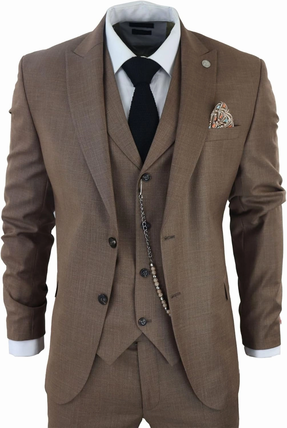 Mens Classic 3 Piece Suit Brown Pocket Chain Wedding Tailored Fit Vintage Formal