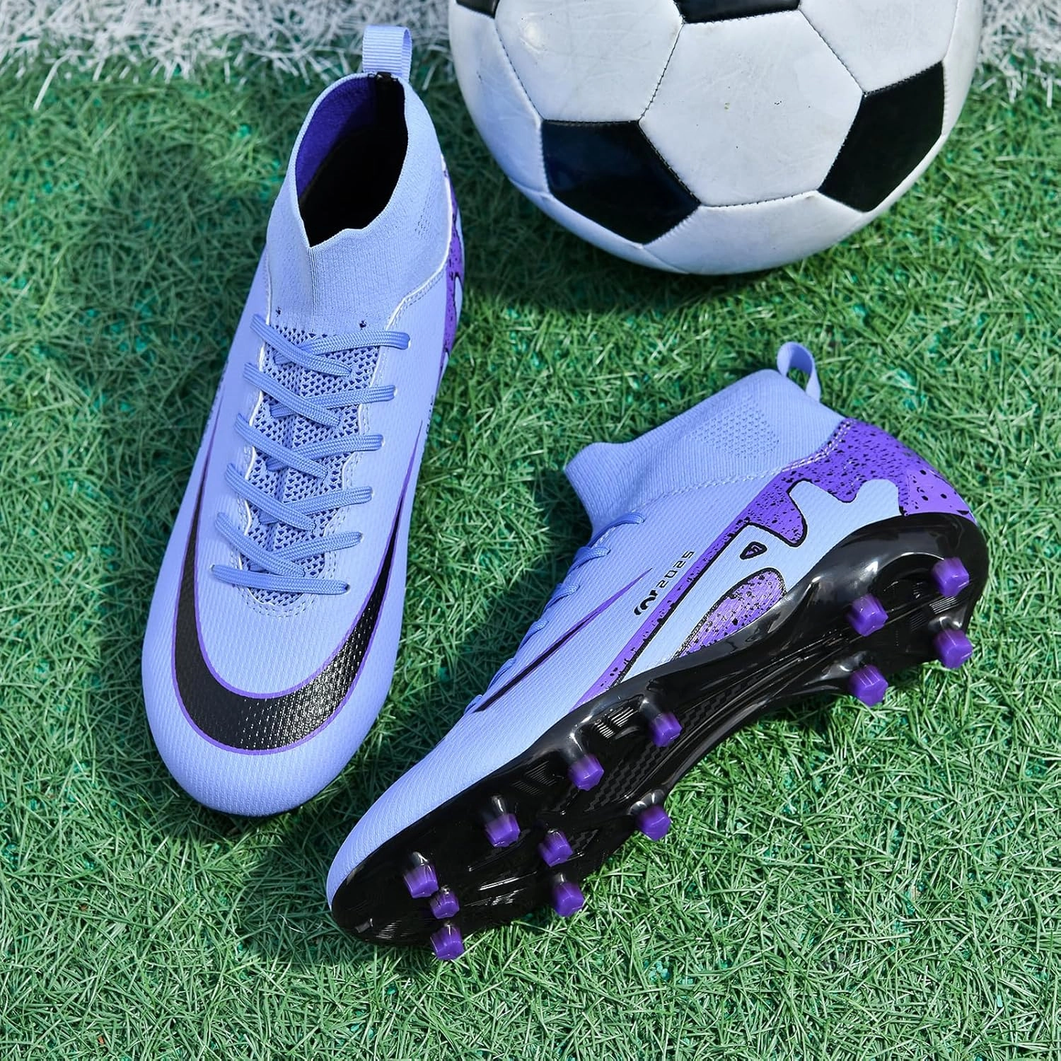 Mens High-Top Soccer Cleats Womens Turf Football Shoes Boys Girls Lightweight Youth Professional Indoor Outdoor AG Black Purple Pink