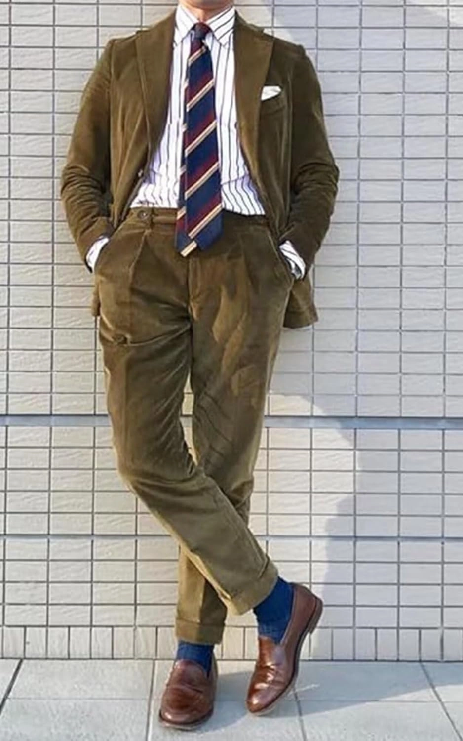Mens Suits 2 Piece Retro Corduroy Slim Fit Business Formal Dress Suit for Wedding Prom Tuxedos Jacket Pants Set