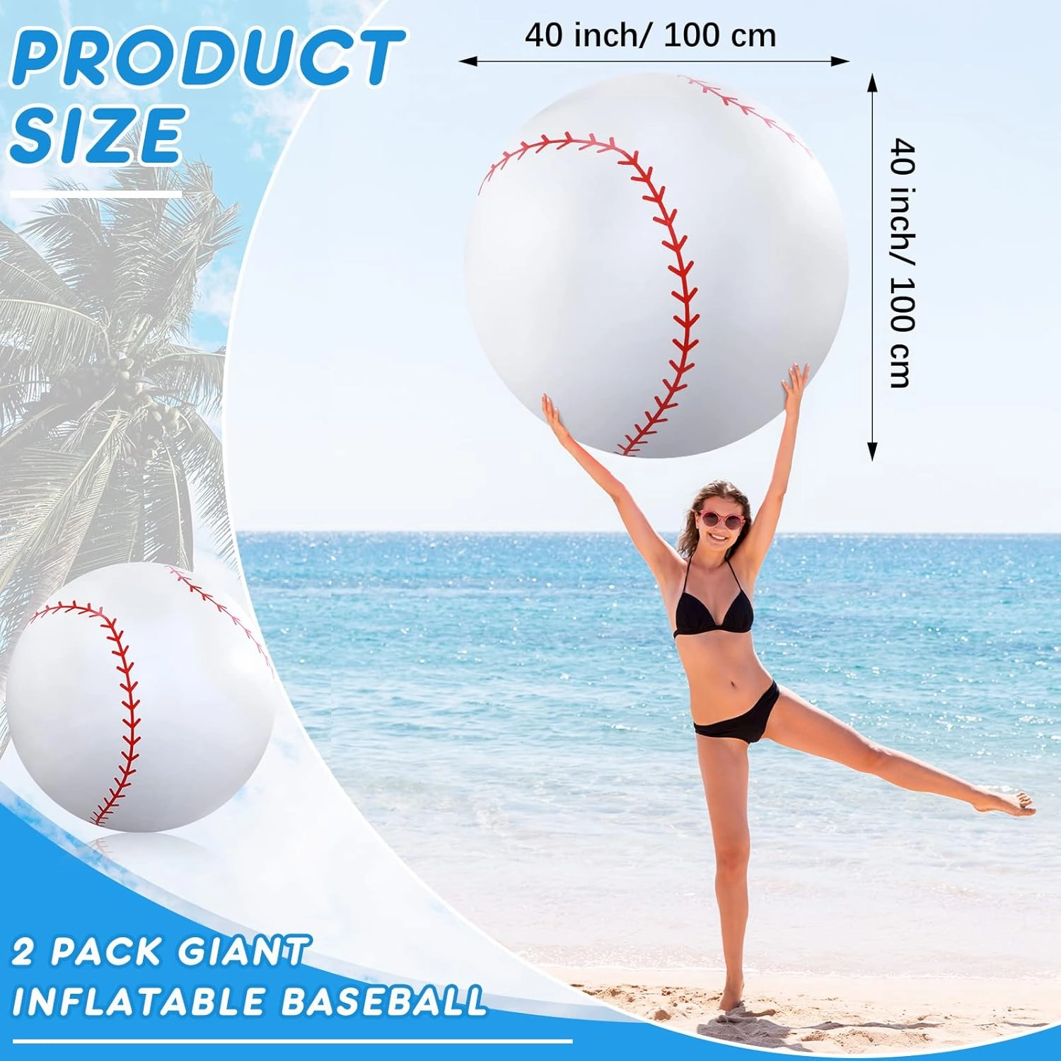 Meooeck 2 Pcs 40 Inch Giant Inflatable Baseball Large Beach Inflatable Sports Balls White Baseball Pool Games Toys for Outdoor Activity Sports Themed Party Favors Decorations