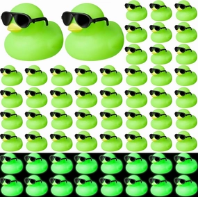 Meooeck 60 Pcs Mini Rubber Ducks with 60 Sunglasses 2.2'' Glow in The Dark Squeak Rubber Toys Bulk Bathtub Toys Floating Fluorescent Tiny Light Up Duck for Shower(Green)