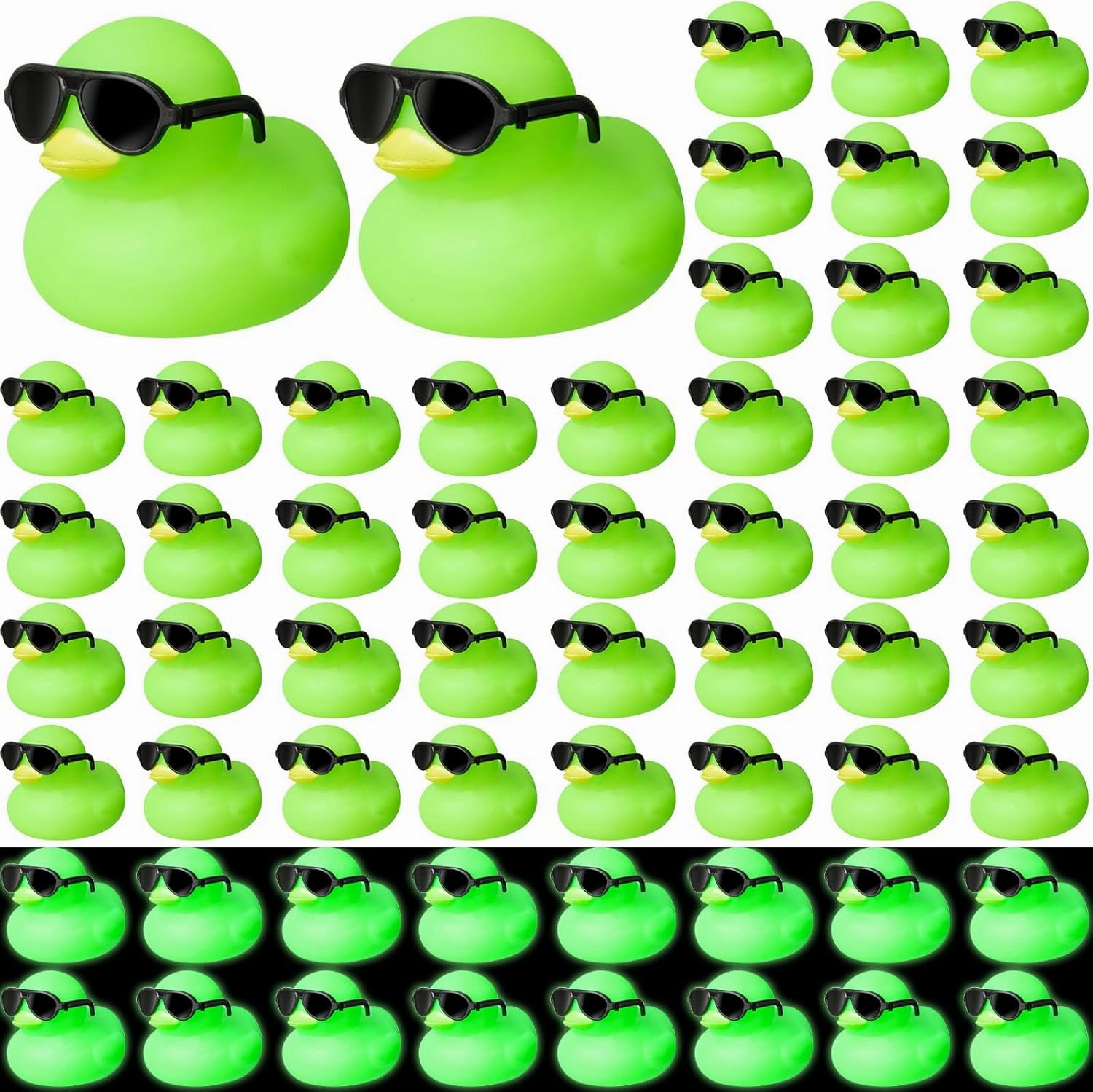 Meooeck 60 Pcs Mini Rubber Ducks with 60 Sunglasses 2.2'' Glow in The Dark Squeak Rubber Toys Bulk Bathtub Toys Floating Fluorescent Tiny Light Up Duck for Shower(Green)