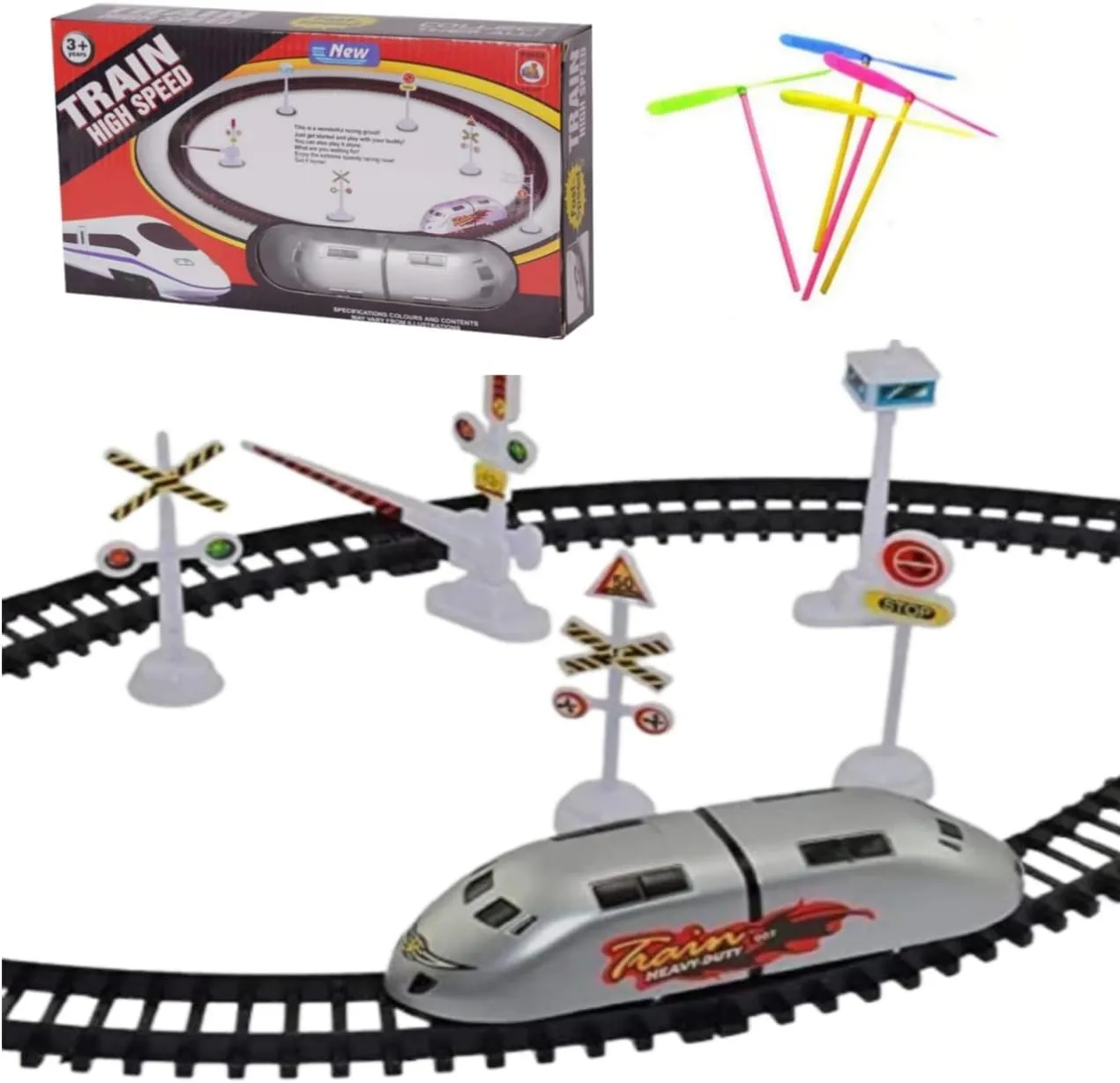 METREY (Train High-Speed Battery Operated Metro Train   Free 4 Pcs Air Flying Hand speen Toy) Bullet Train Toy Set Game with Tracks and Signals for Kids