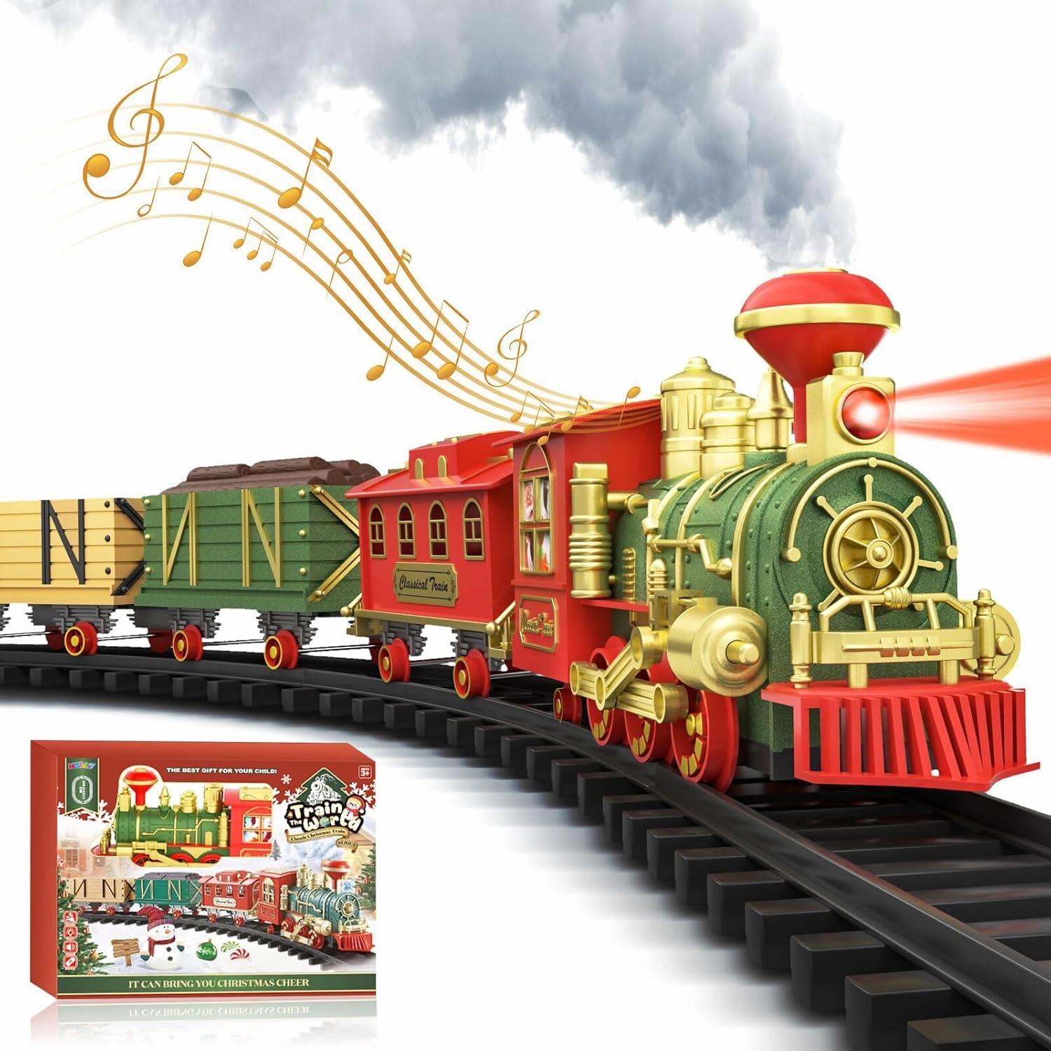 MGparty Christmas Train Set for Under Around The Tree, Electric Train Set Toys with Lights Sound, Steam Locomotive, Cargo Cars & Tracks, for Kids 3 4 5 6 7 8 Year Old