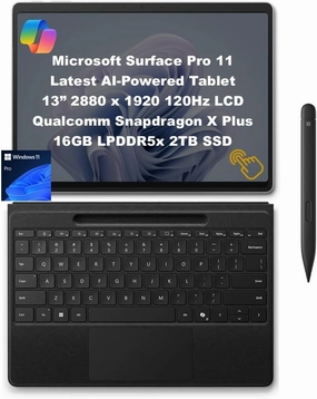 Microsoft Surface Pro 11 (16GB RAM|2TB SSD) Copilot  PC w/Black Surface Pro Flex Keyboard & Slim Pen, 13" 120Hz 2.8K Touch, Snapdragon X Plus, WiFi 7, Win 11 Pro, WiFi Only, Platinum (Renewed)