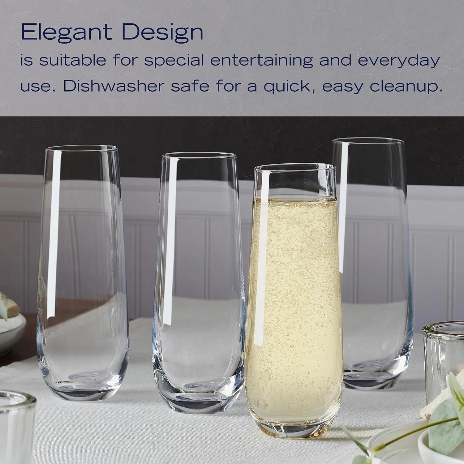 Mikasa Lana Stemless Champagne Flutes Glasses, Set of 4, 9.5 Ounce, Clear