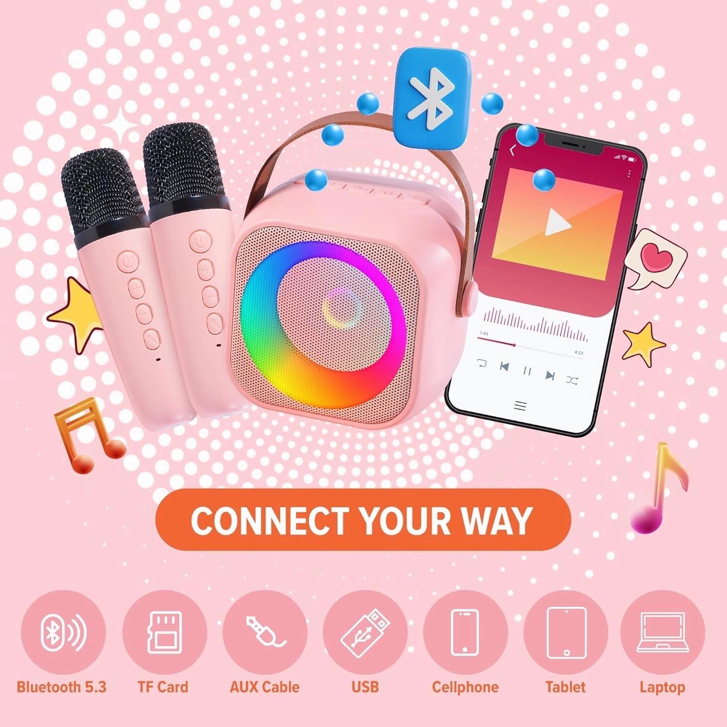 Mini Karaoke Machine for Kids, Includes 25 Kids Songs, Bluetooth Speaker 2 Microphones, Birthday Gifts Toys Age 2, 3, 4, 5  Year Old Girls, Boys, & Toddlers