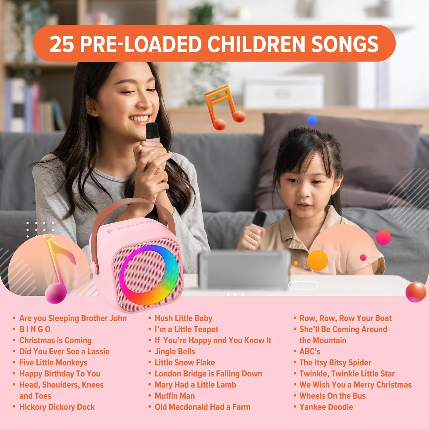 Mini Karaoke Machine for Kids, Includes 25 Kids Songs, Bluetooth Speaker 2 Microphones, Birthday Gifts Toys Age 2, 3, 4, 5  Year Old Girls, Boys, & Toddlers